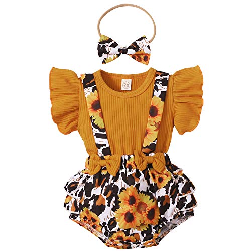 Newborn Baby Girls Short Sleeve Ribbed Ruffle T-Shirt and Floral Suspender Shorts Outfit with Headband (3-6 Months, Khaki)