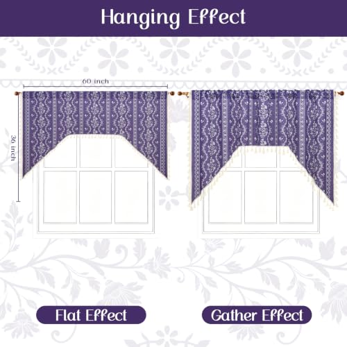 Image of Yinhua Boho Swag Valance Curtains Vintage Linen Valances for Windows Light Filtering Floral Kitchen Valance Rod Pocket Rustic Tassel Window Valances for Bathroom Cafe, 60 inch W x 36 inch L, Purple