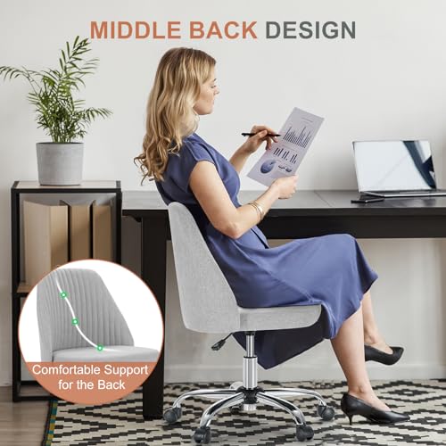 Image of Sweetcrispy Armless Vanity Chair, Cute Comfy Home Office Desk Chair with Wheels, Modern Upholstered Task Computer Seat for Bedroom, Study, Makeup Vanity, Height Adjustable & Swivel, Classic Gray