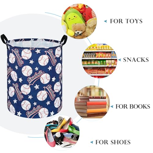 Image of Round Baseball Pattern Laundry Hamper Clothes Storage Basket Fabric Storage Hamper Organization Storage Bin, Nursery Box,Gift Basket with Handles