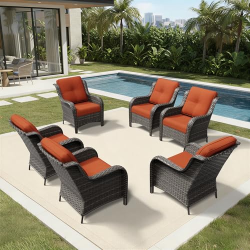 Image of Joyside 6 Piece Wicker Patio Furniture Set, Rattan Patio Chairs with High Back, Deep Seating, Wide Armrest, Thickened Cushions, Outdoor Furniture for Deck, Porch Use