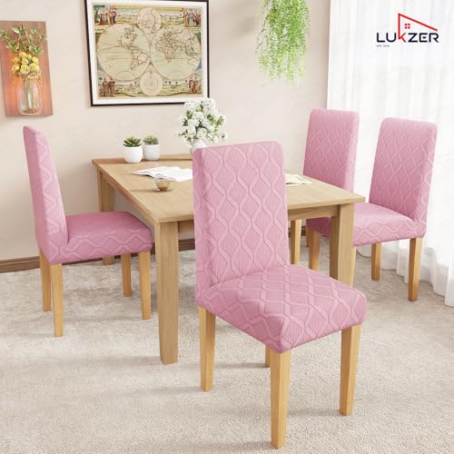Image of Lukzer Elastic Dining Chair Cover - 2PC Pastel Pink Diamond Pattern | Textured High Stretch Jacquard Seat Cover | Removable Washable Short Dining Chair Cover Protector Seat Slipcover | (CC-154-02)