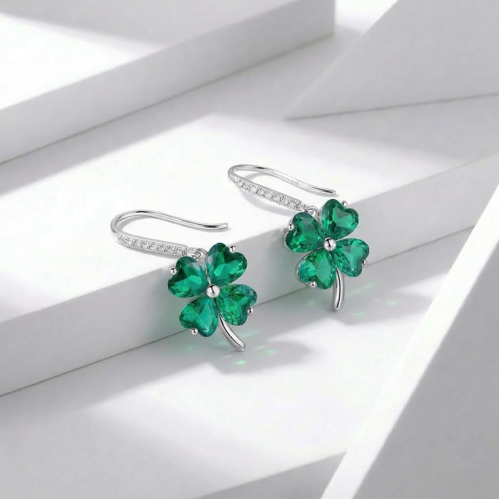 Reffeer Solid 925 Sterling Silver CZ Clover Leaf Earrings Drops for Women Teens Shamrock Earrings Drops Green St Patrick’s Day