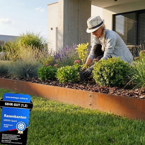 GREEN Spark Cortenstahl Rasenkante [Schneckenabweisend] mit Berührschutz | 10x 1m 1 5mm dick | zur Garten- und Beetgestaltung | Beeteinfassung Metall Cortenstahl Beeteinfassung Rasenkante Metall