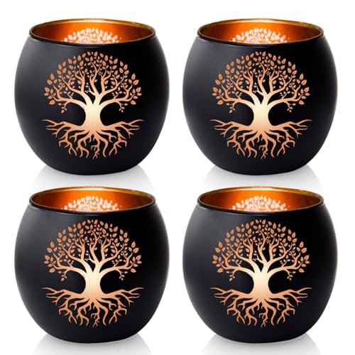 Lebensbaum Kerzenhalter 4er Set - Teelichthalter Glas Baum des Lebens Windlicht für Tischdeko Wohnzimmer Spirituelle Geschenke für Frauen Männer Schwarz & Gold