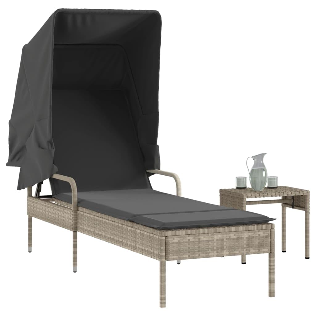 Rantry Lettino con Baldacchino e Tavolino Grigio Chiaro in Polyrattan,Arredo,Lettini Prendisole, Divano Letto Mobili, Lettino da Piscina, Lettino Prendisole da Giardino