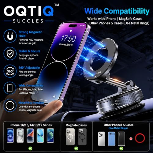 Image of OQTIQ SUCGLES Vacuum Magnetic Phone Holder for Car, 360 Adjustable Foldable Mobile Holder with Ultra Strong Suction & Powerful Magnetic Grip, Dashboard, Windshield & Desk Mount for All Smartphones
