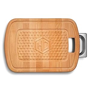 HexClad Hybrid Beechwood Carving and Cutting Board with Stainless Steel Drip Tray, Carrying Handle, and Juice Trenches, Double-Sided