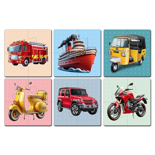 Image of Wooden Jigsaw Puzzle Set of 6 for Kids | Pack of 6 Puzzles with 4 Pieces Each | Learning Toy for 2 3 4 5 Year Old Boys & Girls (Transport Theme)