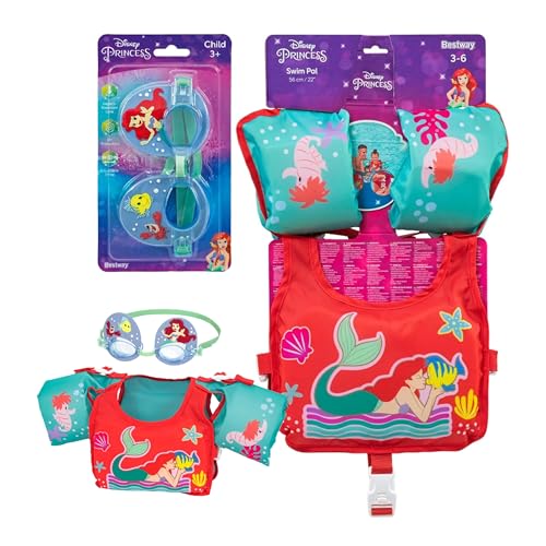 Swimming Float Swim Vest Bundle - Learn to Swim Little Mermaid Design Swimming Float Kids Swim Vest with Arm Bands & Goggles. Holiday Essentials with Card. Great for Swimming Pool, Birthday Gifts