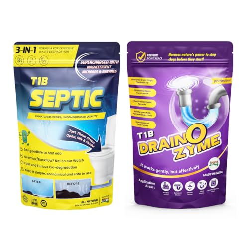 Image of T1B Septic Cleaner & Drain O Zyme Combo Pack | Eliminates Odor, Prevents Clogs | 3-In-1 Formula Degrades Kitchen, Bathroom & Toilet Waste | Pack of 2 (500 gram)