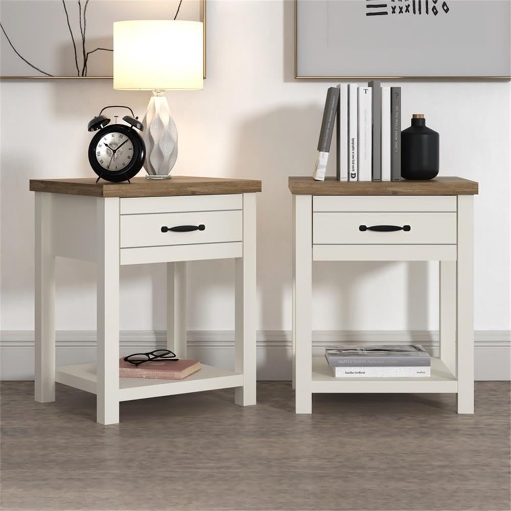 Pemberly Row Wood Nightstand Set of 2, 23 in Height, Ivory Finish with Oak Top and Black Metal Handles, 1 Drawer and Shelf, Farmhouse Style for Bedroom Storage