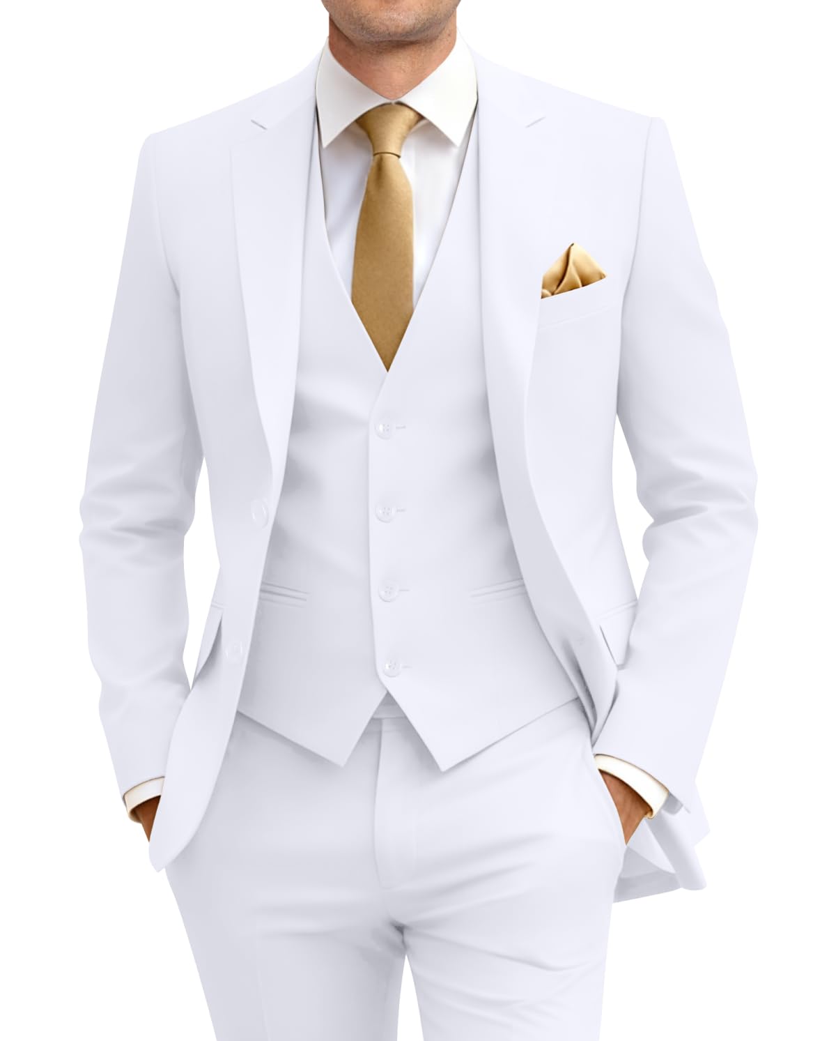 Photo 1 of Men Suits Slim Fit 3 Piece Suit Set White Suits for Men Wedding Dress Tux Groomsmen Prom Solid Blazer Jacket Vest Pants with Tie L