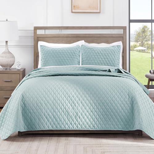 Exclusivo Mezcla Reversible Full Queen Quilt Bedding Set with Pillow Shams, Lightweight Quilts Queen Size, Soft Bedspreads Bed Coverlets for All Seasons - (Light Blue, 90"x96")