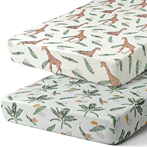 Image of Pack n Play Sheets, BROLEX 2 Pack Mini Crib Sheets,Stretchy Portable Fitted Playard Sheet Set, Convertible Playard Mattress Cover,Ultra Soft Breathable Material,Giraffe Leaf