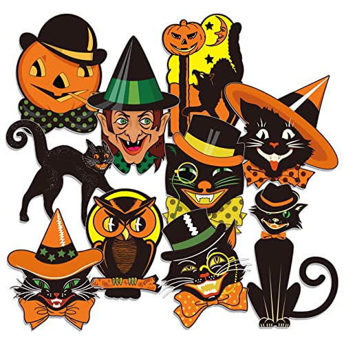 Whaline 40Pcs Halloween Vintage Cutouts Assorted Size Classic Cat Owl Pumpkin Paper CutOuts