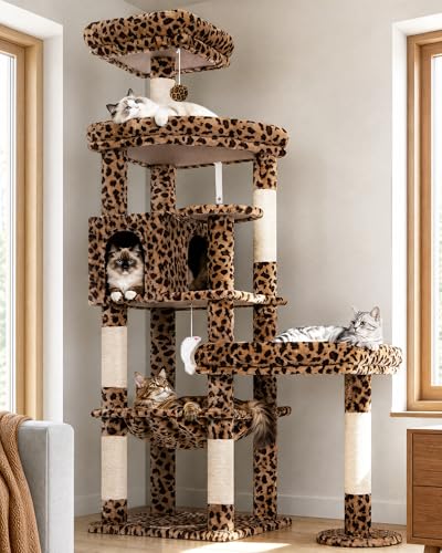 Image of Globlazer Large Perch Leopard Cat Tree, 65in Sturdy Cat Scratching Tree for Indoor Cats Large Adult, Big Cat Tower with 3 Padded Perches, 6 Scratching Posts, Cat Condo, Hammock, S65, Leopard Print