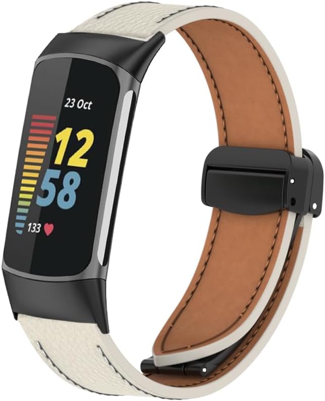 Leather Band Compatible with Fitbit Charge 6 / Charge 5 Strap Women Men Magnetic Folding Buckle Design Replacement Soft WristBands for Charge 6/5 Smartwatch