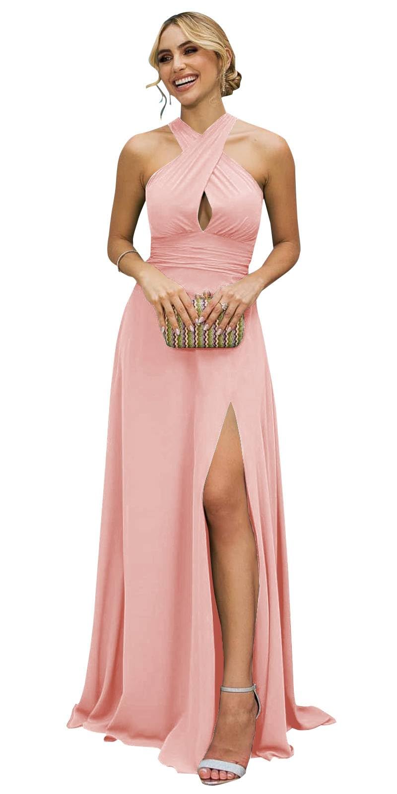 Bolodoo Halter Chiffon Long Bridesmaid Dresses with Slit A Line Formal Dress Evening Party Gowns