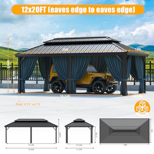 Image of HOTEEL 12x20 Gazebo with Metal Roof Heavy Duty Gazebo with Flame-Retardant Curtain and Netting, Hot Tub Gazebos with Galvanized Steel Double Roof, Outdoor Canopy for Patio and Party (Upgraded 3.0)