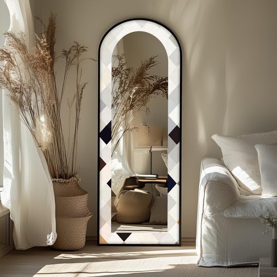 23,5’’W x 67’’H Ivory Diamond Glow - Mosaic Floor Mirror Arched Full Lenght Mirror - Arch Full Body Stained Floor Mirror with Black Frame with Black Frame