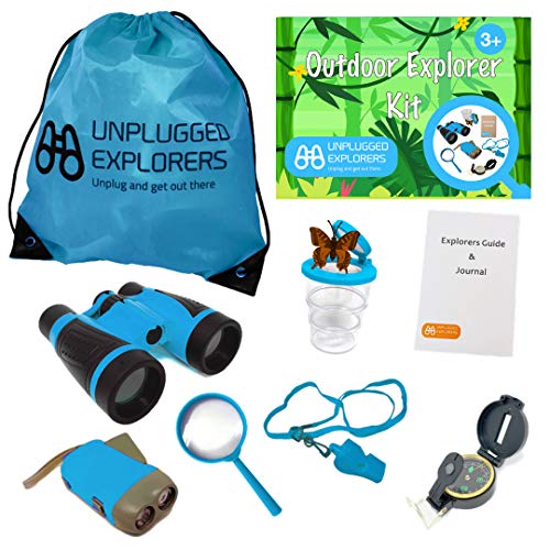 Unplugged Explorers 9 Piece Kids Outdoor Explorer Kit-- Backpack, Binoculars, Flashlight, Compass, Bug Collector, Whistle, Magnifying Glass, and Journal. Boy/Girl STEMâ€¦