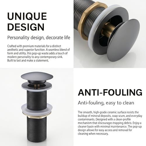 Image of BASSINO Premium 6 Inch Brass Waste Coupling /Washbasin Drainer /Rust-Proof Pop-Up for Basin /Drain Stopper for Tabletop, Wall-Mount & Pedestal Wash Basins(Matt Grey)