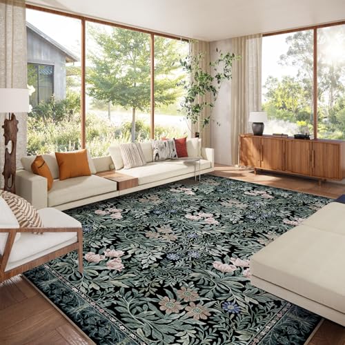 Image of Washable Area Rugs 9x12 Black Green Vintage Floral Botanical Pattern,Perfect for Living Room, Bedroom, Kids Room, Nursery - Stain & Water Resistant Non-Slip, Pet & Child Friendly /Bedroom Decor