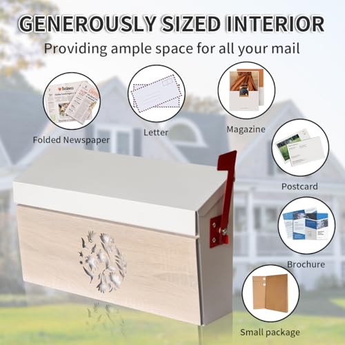 Ydocabinit Wall Mount Mailbox, Large Capacity Mailbox for House Outside with Flag Kit Galvanized Steel Rust-Proof Metal Post Drop Box, 15.74"×9.84"×4.33" Flower Hollowed Wooden Patterned Metal Sheet by Ydocabinit - Image 5
