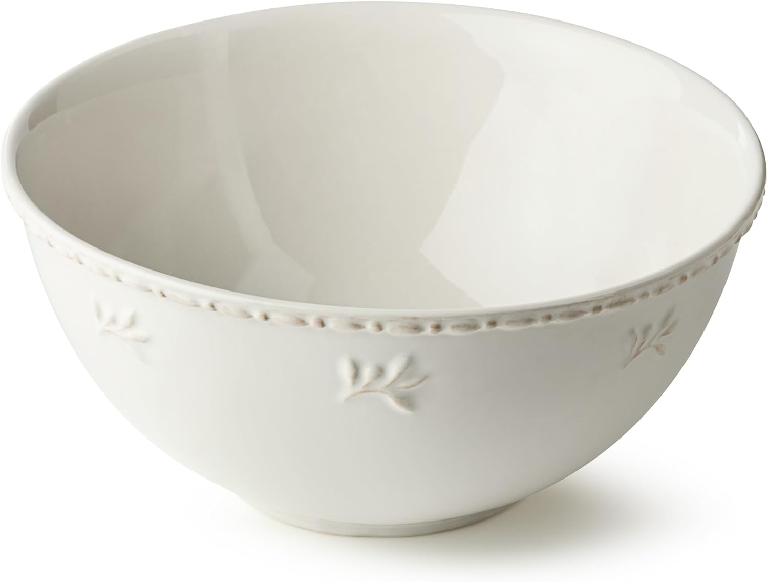 Heritage Large Mixing Bowl 10.75" – Classic Ivory Stoneware Bowl with Embossed Leaf Motif & Beaded Rim – Durable Farmhouse Kitchen Bowl for Baking, Serving & Entertaining
