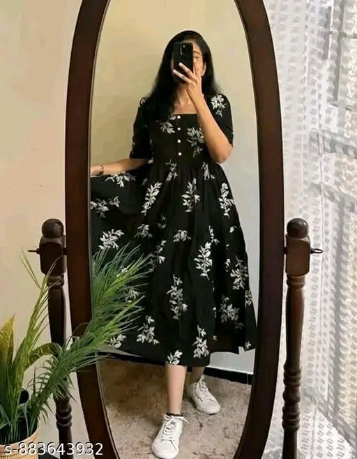 Image of Women's Rayon A-Line Midi Dress, Floral Print, Short Sleeves, Tiered Design, Round Neck, Summer Wear