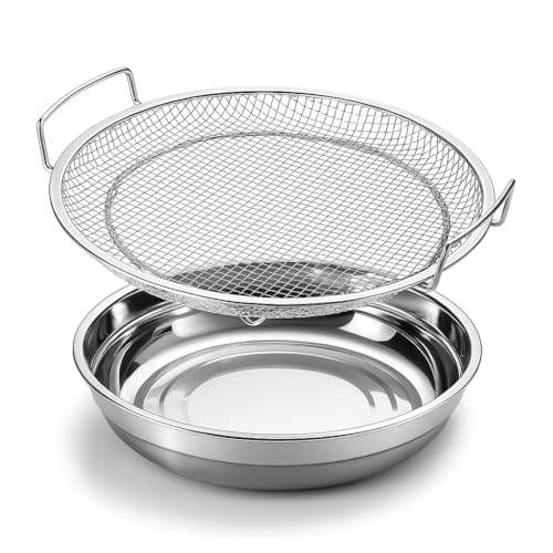 Image of Stainless Steel Oil Filter Tray with Mesh Basket for Frying Pakoda Fries Chicken Fish Oil Strainer Removes Excess Oil for Crispy Non Greasy Food Healthy Cooking Kitchen Essential for Home