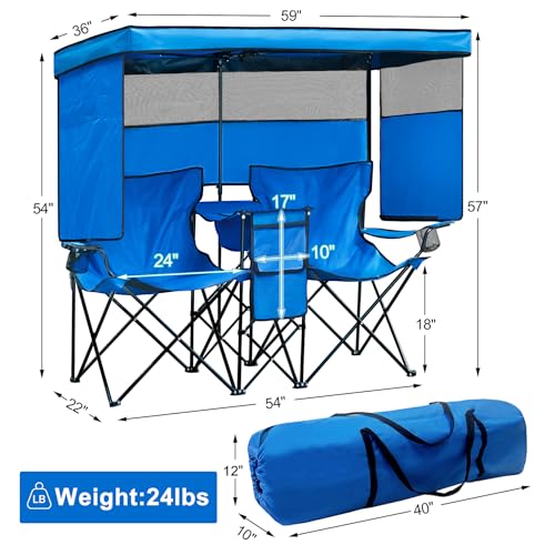 WTVIDAS Double Beach Chair with Canopy Shade Heavy Duty Camping Chairs with Cup Holder Folding Loveseat for Outside Lawn - Thumbnail 2