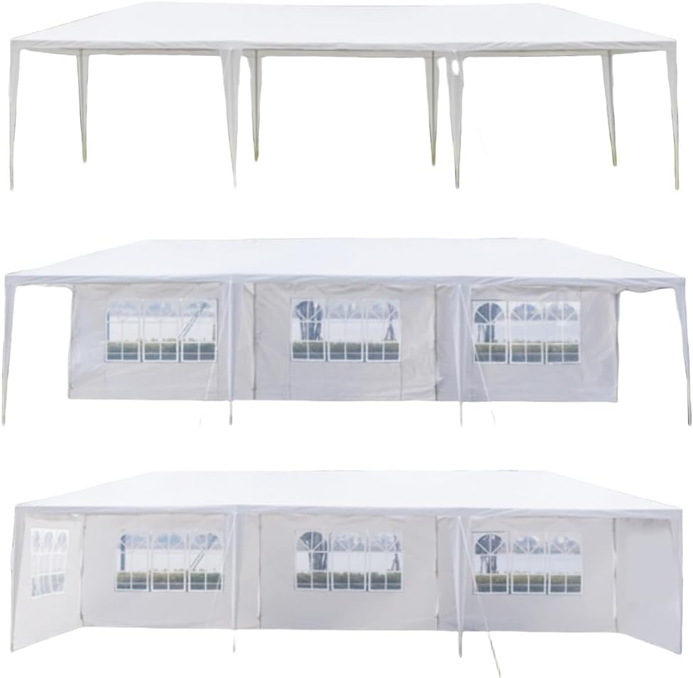 Party Tent, 5-sided removable walls, white waterproof. 3x9m canopy for weddings, events. Spiral tubes, patio, backyard, porch, garden, beach use.