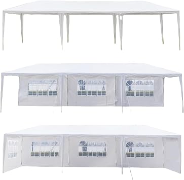 Party Tent, 5-sided removable walls, white waterproof. 3x9m canopy for weddings, events. Spiral tubes, patio, backyard, porch, garden, beach use.