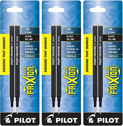Image of Pilot, FriXion Ball Gel Ink Refills for Erasable Pens, Fine Point 0.7 mm, Pack of 6 (3 Packs of 2), Black