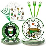 Frappe Coffee Birthday Party Supplies - 96Pcs Coffee Themed Plates Napkins Forks Tableware Set, Disposable Paper Plates Party Decoration for Birthday Baby Shower Dinner Table Decor, Serve 24