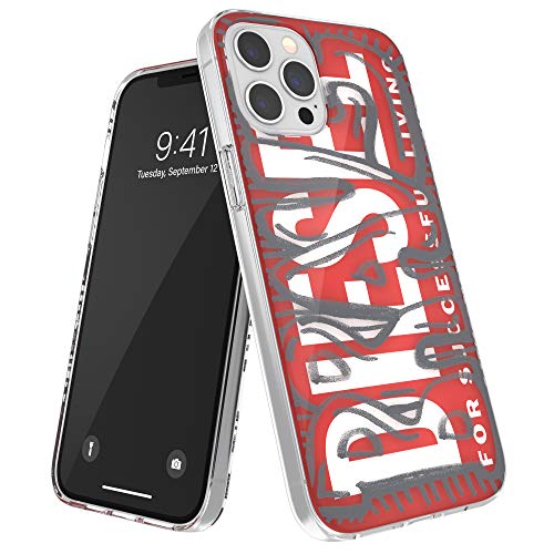 DIESEL Coque de Protection pour iPhone 12 Pro Max 6.7 - Transparente - Anti-Chocs - Anti-Gouttes - avec Bords rainurés - Rouge/Gris