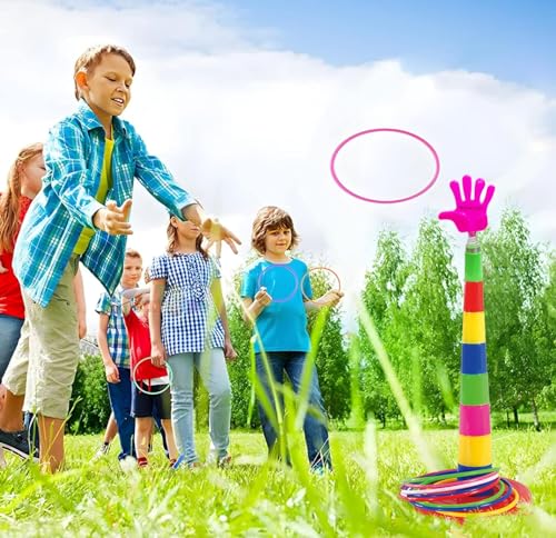 Image of VGRASSP Ring Toss Game Toy for Kids - Mini Quoits Ring Throwing, Stacking Indoor and Outdoor Game Set - 8 Cups with Spring Hand Figure, 8 Multicolor Rings, 1 Base - Color As Per Stock