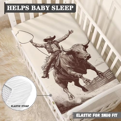 Image of Western Cow Baby Crib Sheets for Boys Cowboy Cribs Sheet Nursery Bedding Set Fitted Breathable Crib Mattress Cover Nursery Decor Toddler Gifts, 25x52 inch, Machine Washable