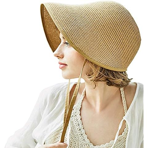 F FADVES French Straw Bonnet Cap for Women Victorian Sun Hat Chin Strap Foldable, Light Khaki, One Size Cover
