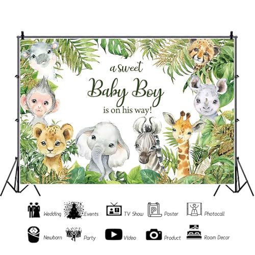 7x5ft Safari Baby Shower Backdrop A Sweet Baby Boy is on His Way Photography Background Jungle Animals Theme Baby Boy Shower Party Banner Decorations Supplies Photo Booth Props