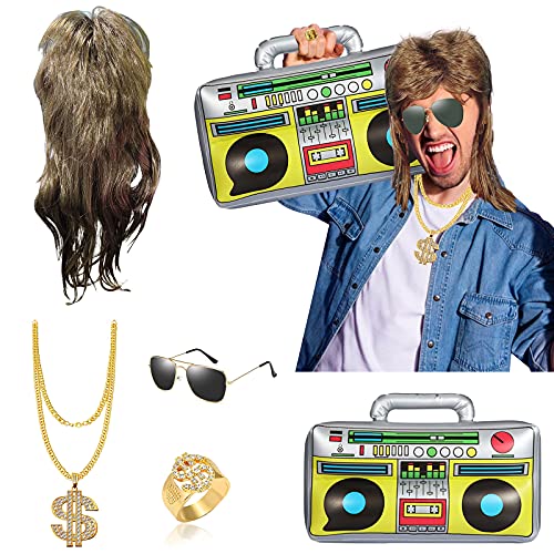 JORAKI 80s Costumes for Men, Run Dmc Costume 80s/ 90s Hip Hop Accessories for Rapper Cosplay Halloween Party with Inflatable Radio Boom Box Balloon Mullet Wig Fake Gold Chain Sunglasses Dollar Ring