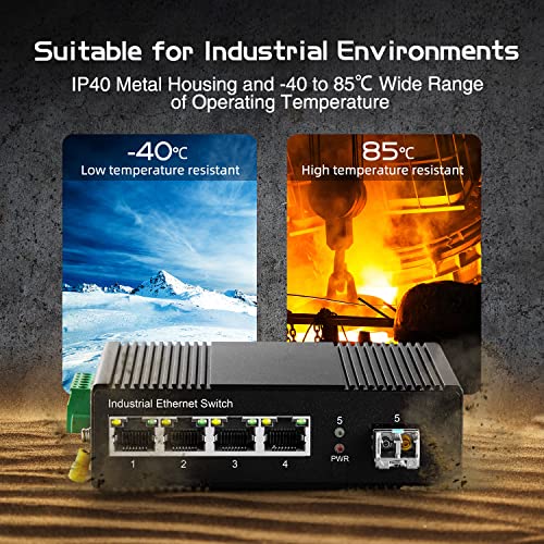 Image of 5 Port Gigabit PoE Industrial Switch, IEEE802.3af /at Ethernet, 1 SFP Port with 20km LC Module, IP40 Aluminum Alloy -40~75C(-40~185F), Din Rail and Wall Mount Kit, with 60W Power Supply