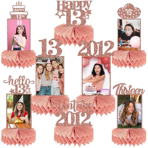 Guiruiy 8Pcs 13th Birthday Decorations Honeycomb Centerpieces for Girls, Pink Rose Gold Glitter Vintage 2012 13 Birthday Photo Table Centerpieces Party Supplies, Pink Thirteen Birthday Teenager Decor