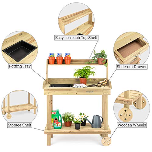CHRISTOW Garden Potting Table Wooden Work Bench With Wheels, Drawer