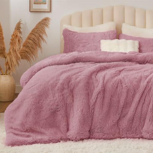 Image of BEDELITE Dusty Pink Fluffy Comforter Set Twin, Fuzzy Faux Fur Comforter | Warm Fleece Shaggy Bedding for Winter, Soft & Cozy Plush Bed Set with 2 Pillowcases