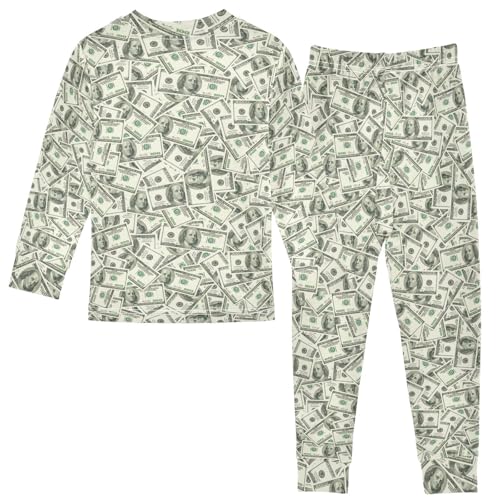 Money Hundred Dollar Bill Pajamas Long Sleeve Sleepwear 2-Piece Pajama Set 24 M