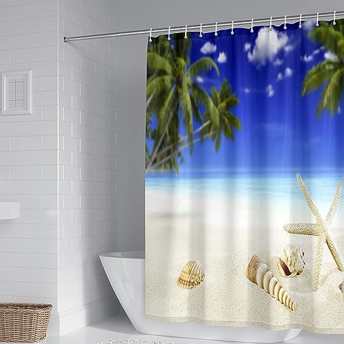 Musihy Rideau de Douche Anti Moisissure 120x180, Polyester Bleu Vert Beige Paysage de Plage avec Coquille d'étoile de mer et Palmier Rideau de Douche pour...