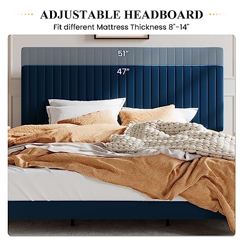 Image of SHA CERLIN King Upholstered Platform Bed Frame with Vertical Channel Tufted Velvet Fabric Adjustable Headboard, Wooden Slats Support, Mattress Foundation, Box Spring Optional, Blue
